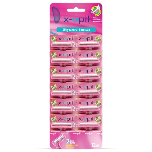 X-Epil Silky - Rasoir cu 2 lame, mâner cauciucat, 12 bucăți/foaie.