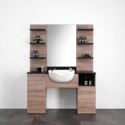 Barber1 stație: laminat negru și stejar elegant pentru un grooming deosebit.